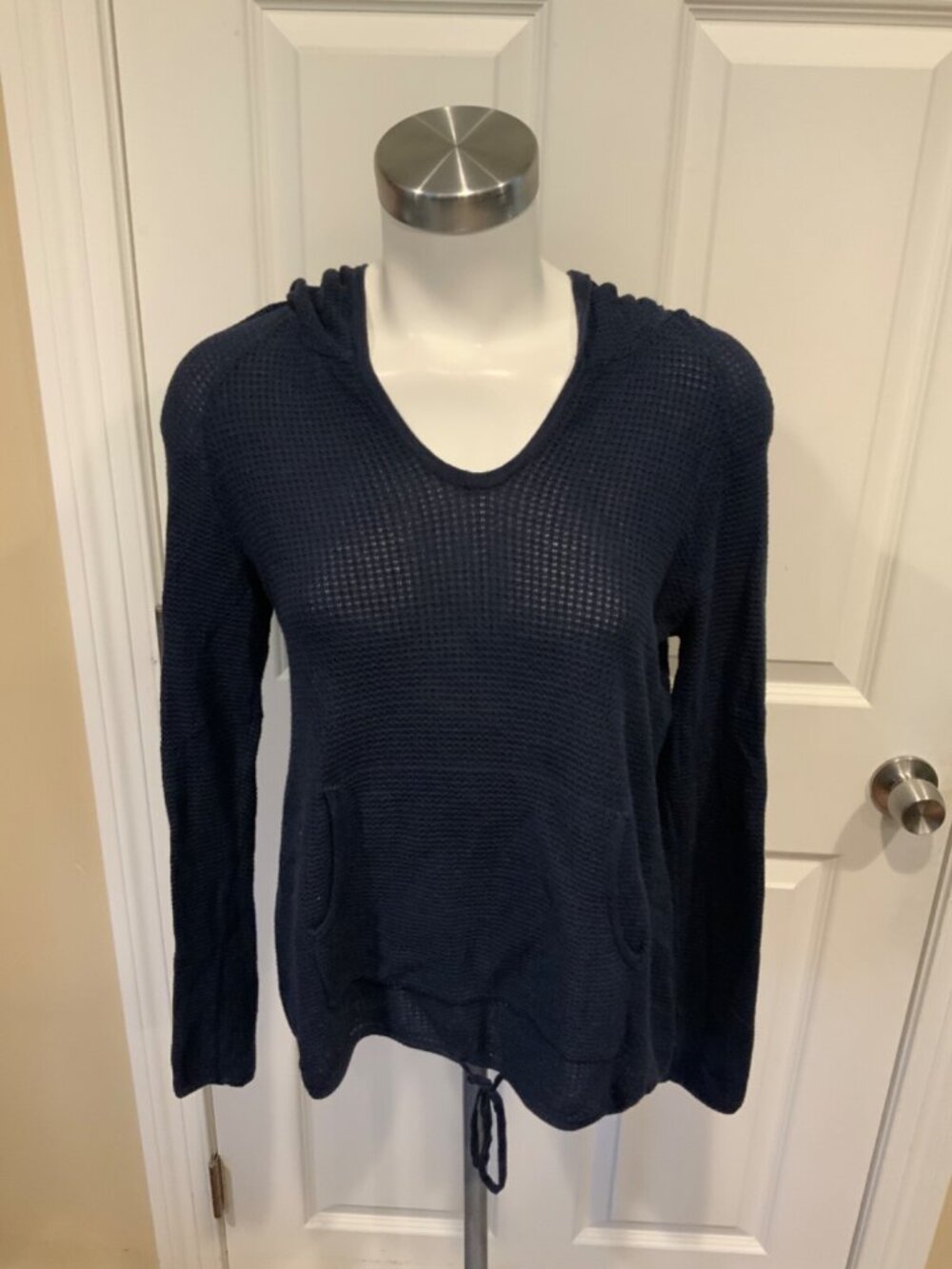 Sparrow Navy Blue Waffle Knit Hooded Long Sleeve Top, Size S